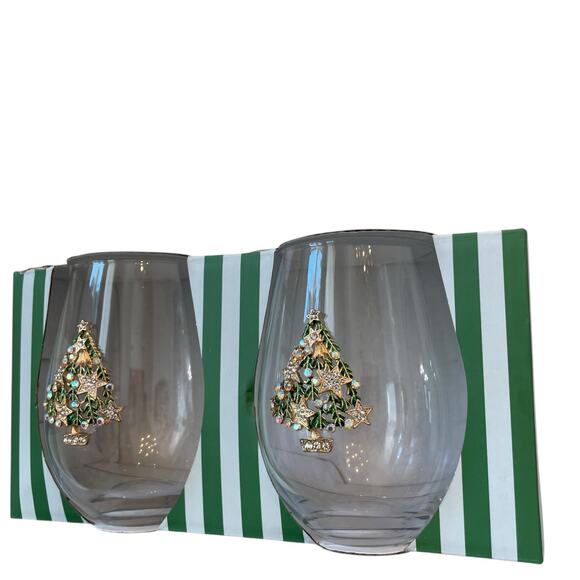(2) Stemless Wine Glasses Jeweled Christmas Tree Green & Gold Holiday Glam NEW - Picture 11 of 16